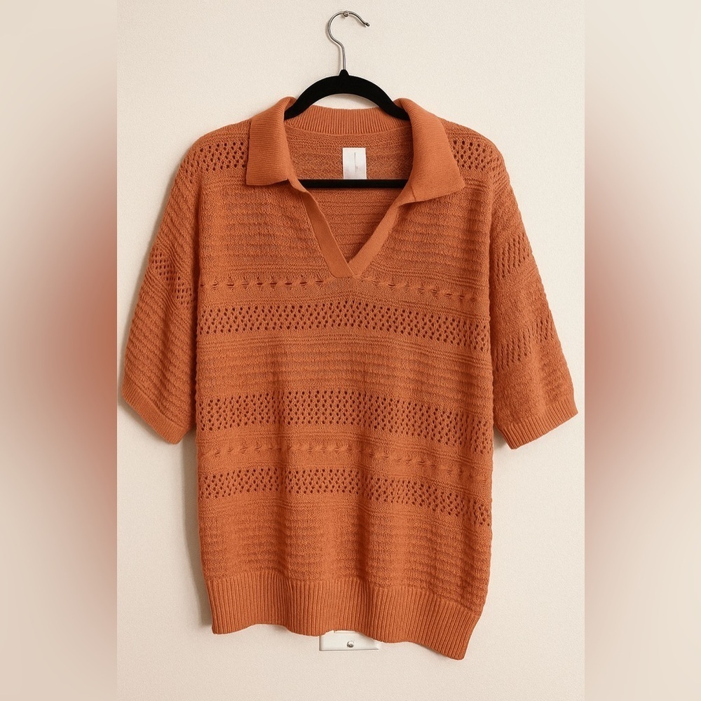 JOIE Crochet Polo Sweater Top Orange Knit Collared Short Sleeve  70s Aesthetic L